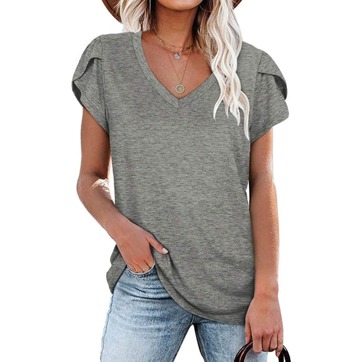 Womens Tops V Neck Summer Petal Sleeve Casual Tshirts Image 2