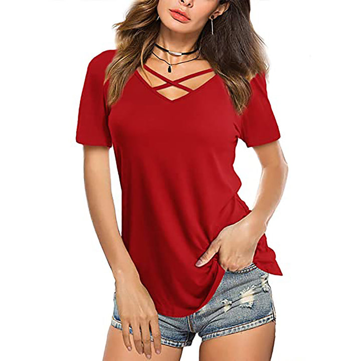 Womens Casual V Neck Short/Long Sleeve Criss Cross T-Shirt Blouse Tops Image 6