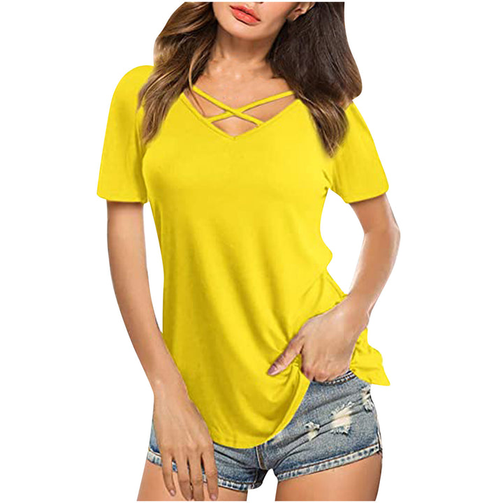 Womens Casual V Neck Short/Long Sleeve Criss Cross T-Shirt Blouse Tops Image 7