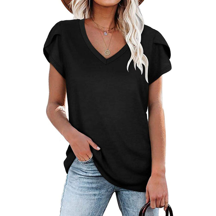 Womens Tops V Neck Summer Petal Sleeve Casual Tshirts Image 6