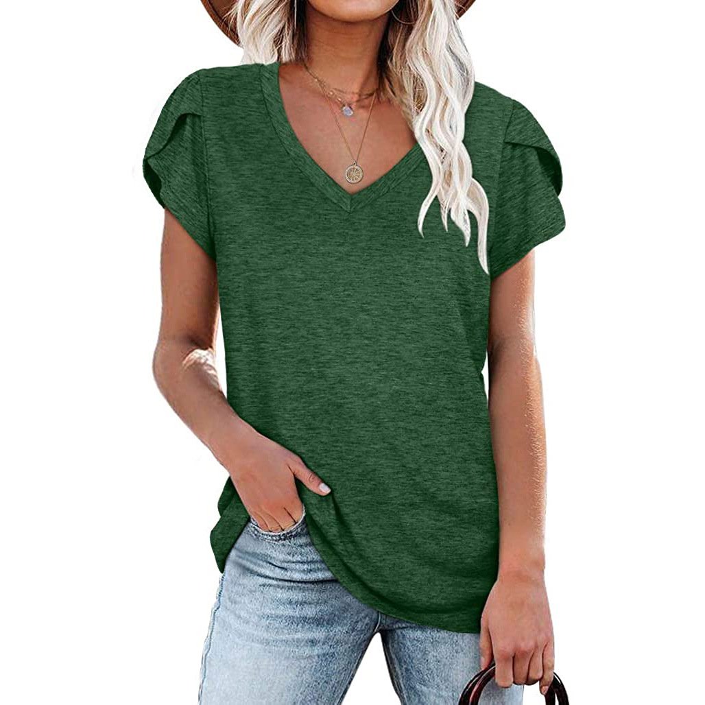 Womens Tops V Neck Summer Petal Sleeve Casual Tshirts Image 7