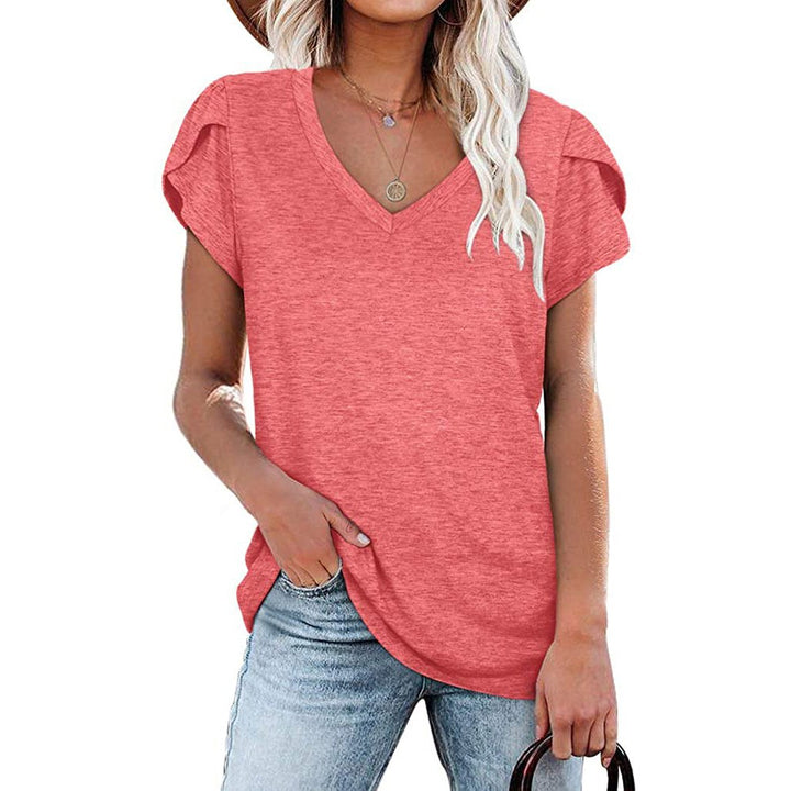 Womens Tops V Neck Summer Petal Sleeve Casual Tshirts Image 1