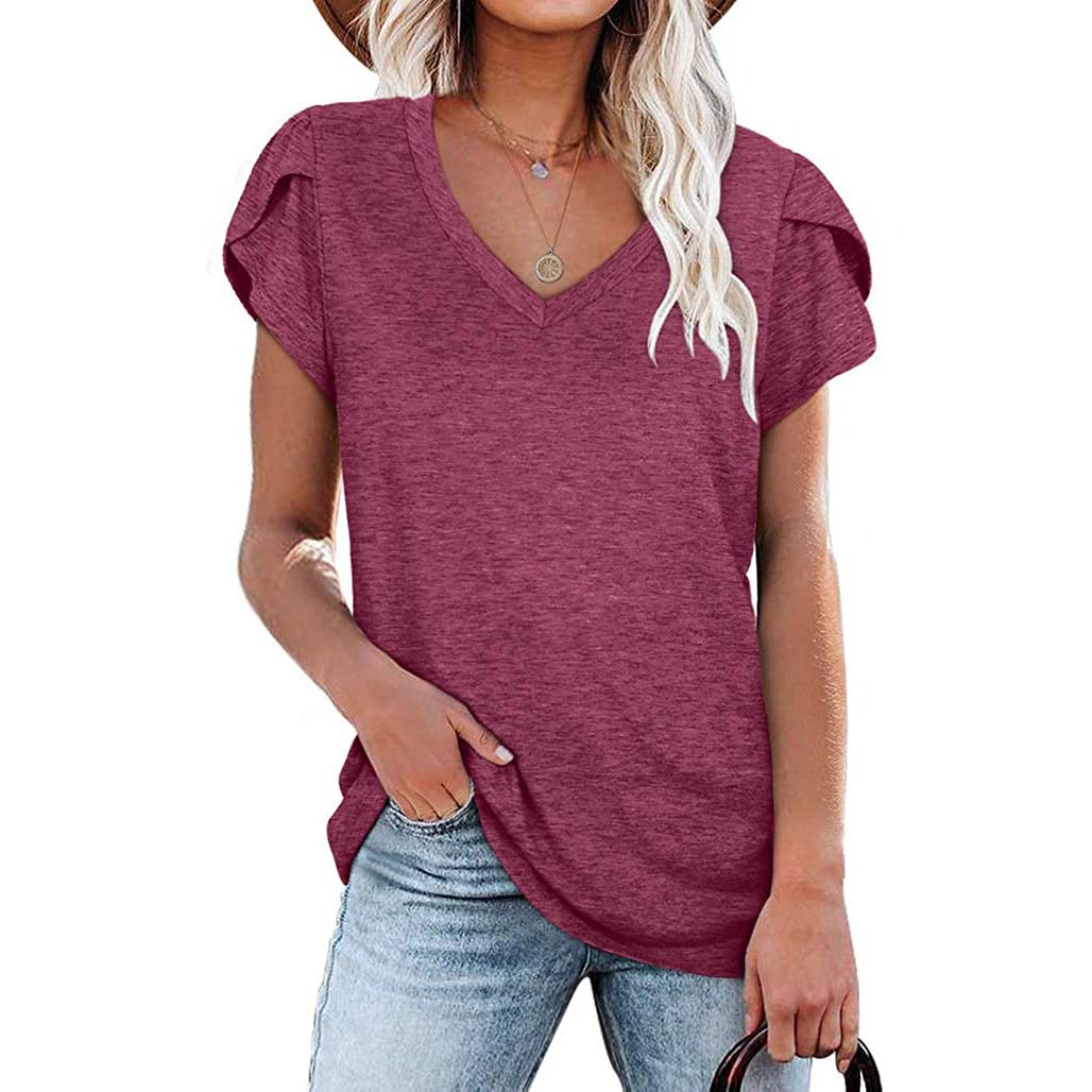 Womens Tops V Neck Summer Petal Sleeve Casual Tshirts Image 12