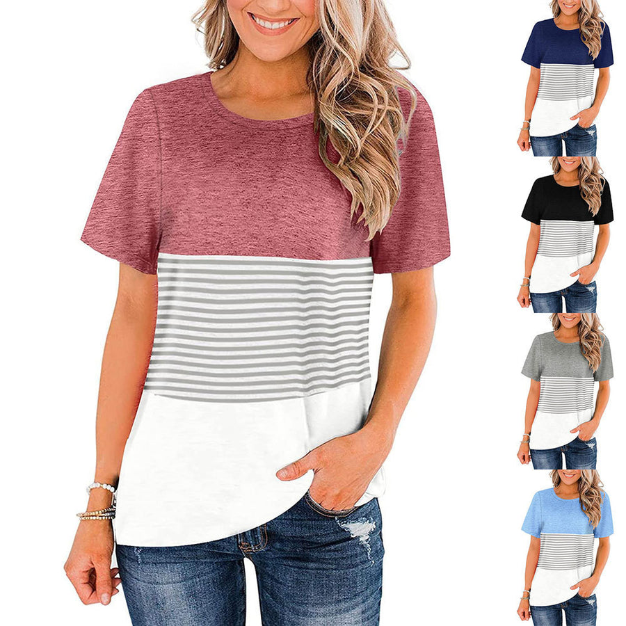 Round Neck Triple Color Block Stripe T-Shirt Image 1