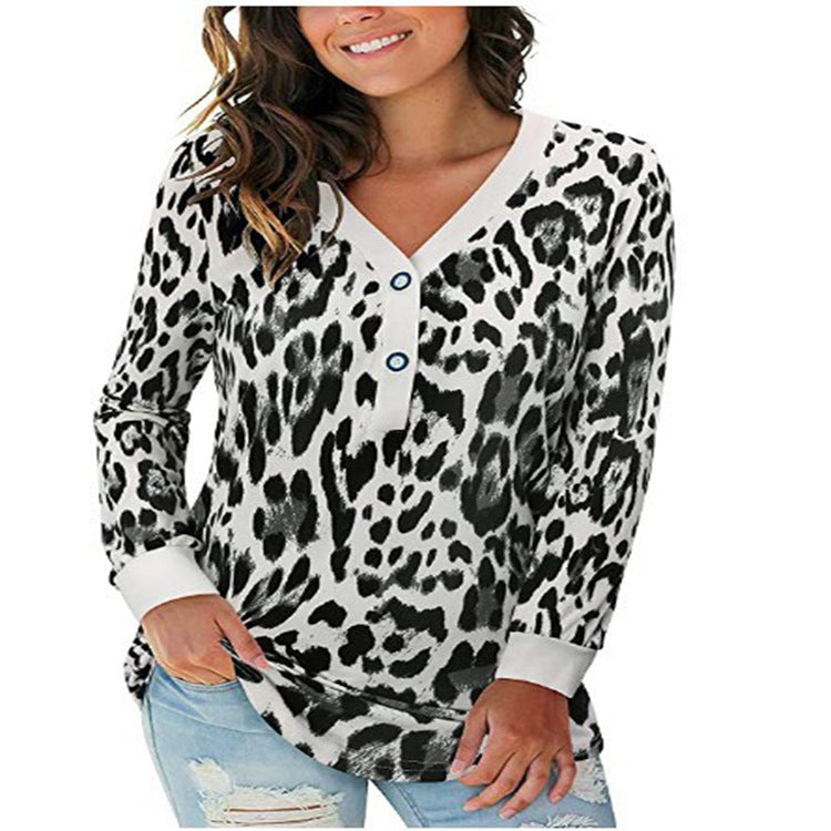 Womens Leopard Print V-Neck Button Camo Causal Long Sleeve Image 7