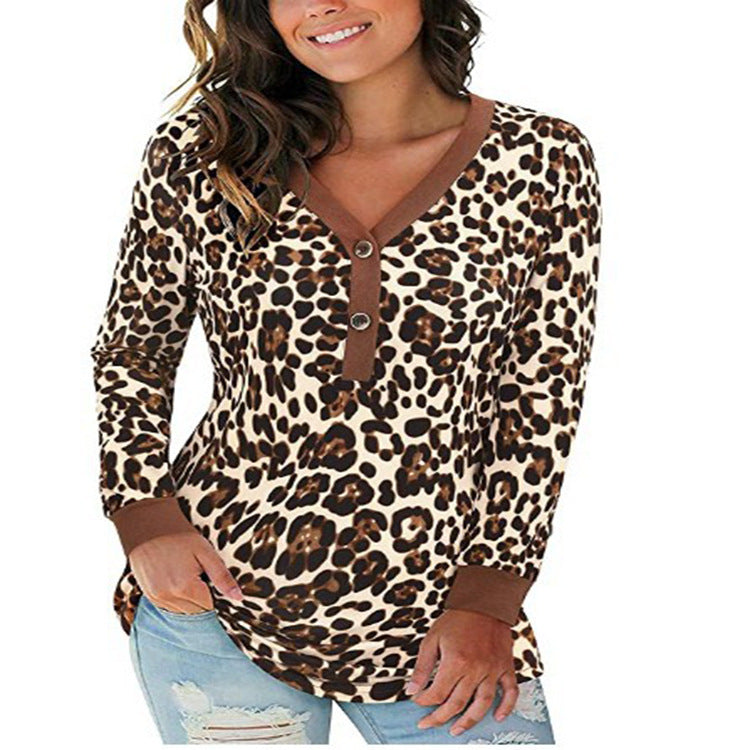 Womens Leopard Print V-Neck Button Camo Causal Long Sleeve Image 8