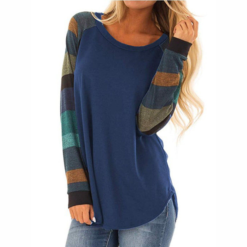 Womens Plus Size Long Sleeve Tunic Crewneck Colorblock Striped Tee Shirt Image 1