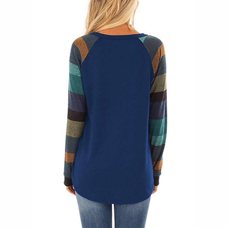 Womens Plus Size Long Sleeve Tunic Crewneck Colorblock Striped Tee Shirt Image 2