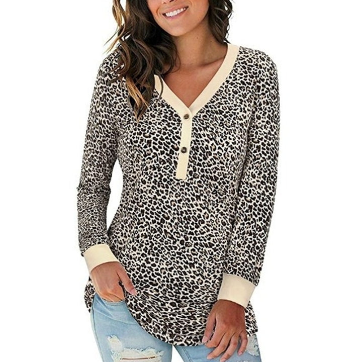 Womens Leopard Print V-Neck Button Camo Causal Long Sleeve Image 9