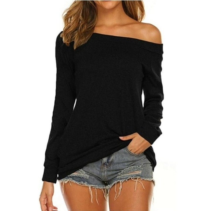 Womens Long Sleeve Boat Neck Off Shoulder Blouse Tops Image 4