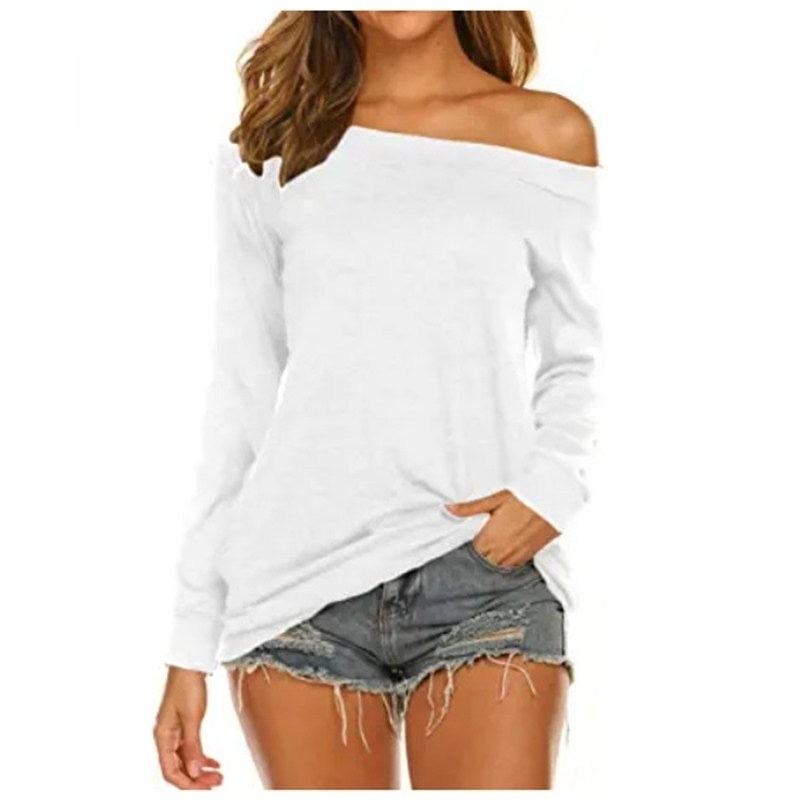 Womens Long Sleeve Boat Neck Off Shoulder Blouse Tops Image 7