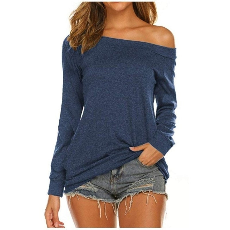 Womens Long Sleeve Boat Neck Off Shoulder Blouse Tops Image 8