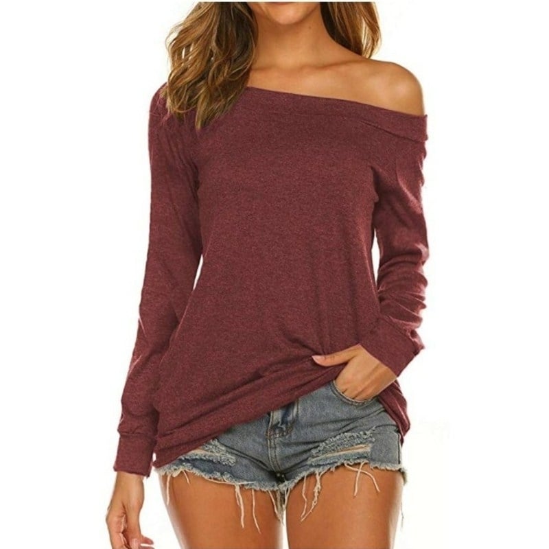 Womens Long Sleeve Boat Neck Off Shoulder Blouse Tops Image 9