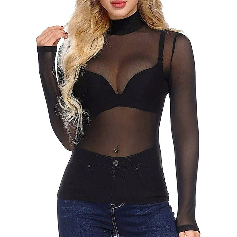 Womens Short Sleeve Long Sleeve Bodycon Clubwear Sheer Pure Mesh Tops T Shirts Image 1