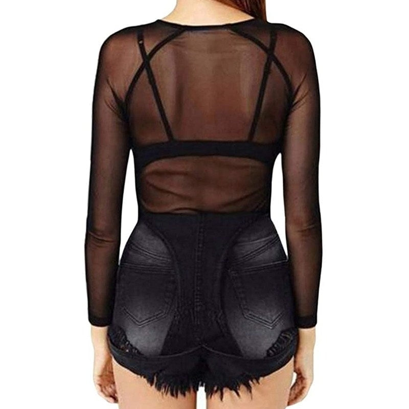 Womens Short Sleeve Long Sleeve Bodycon Clubwear Sheer Pure Mesh Tops T Shirts Image 4