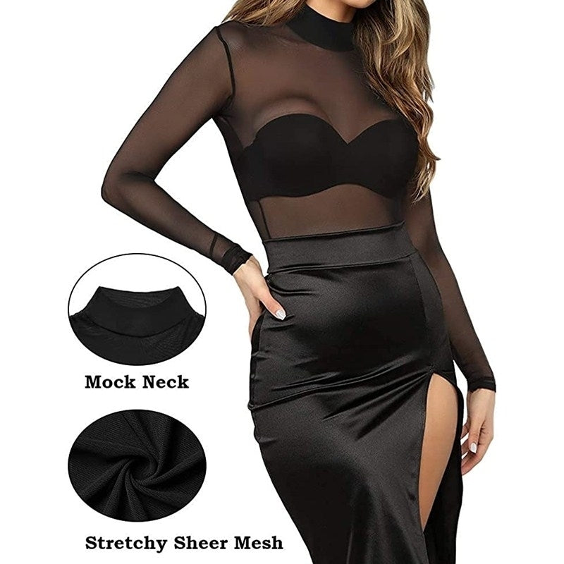 Womens Short Sleeve Long Sleeve Bodycon Clubwear Sheer Pure Mesh Tops T Shirts Image 4