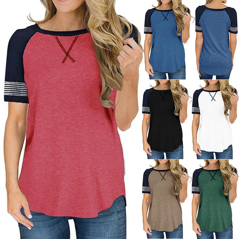 Womens T Shirts Short Sleeve Striped Color Block Leopard Casual Tops Image 1