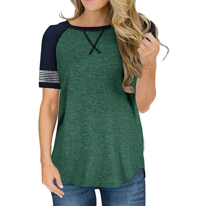 Womens T Shirts Short Sleeve Striped Color Block Leopard Casual Tops Image 2