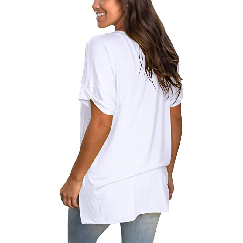 Womens V Neck T Shirt Rolled Sleeve Side Split Tunic Tops Casual Image 3