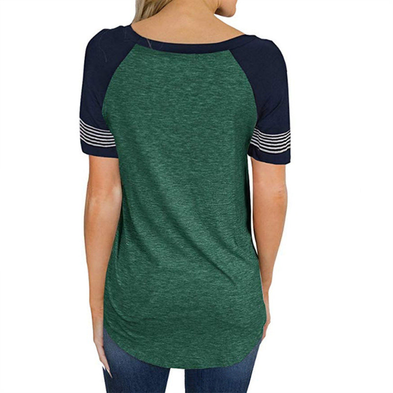 Womens T Shirts Short Sleeve Striped Color Block Leopard Casual Tops Image 3