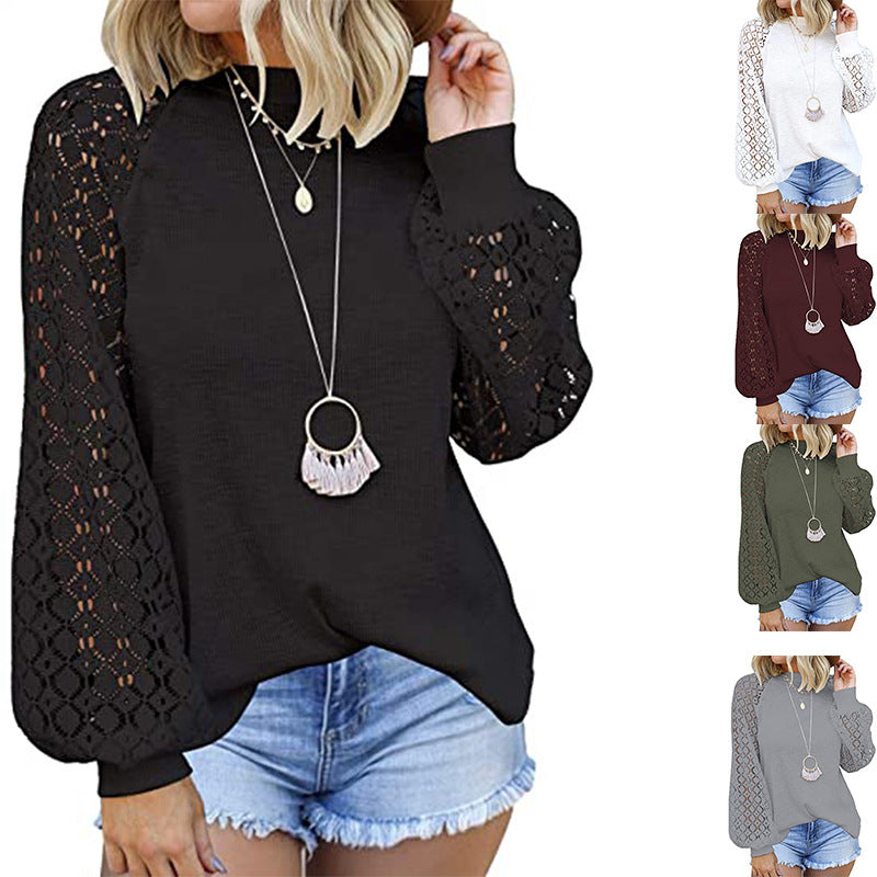 Women Trendy Blouses Casual Loose Knit Tops Pullover Hollow-Out Lace Long Sleeve Shirts Image 1