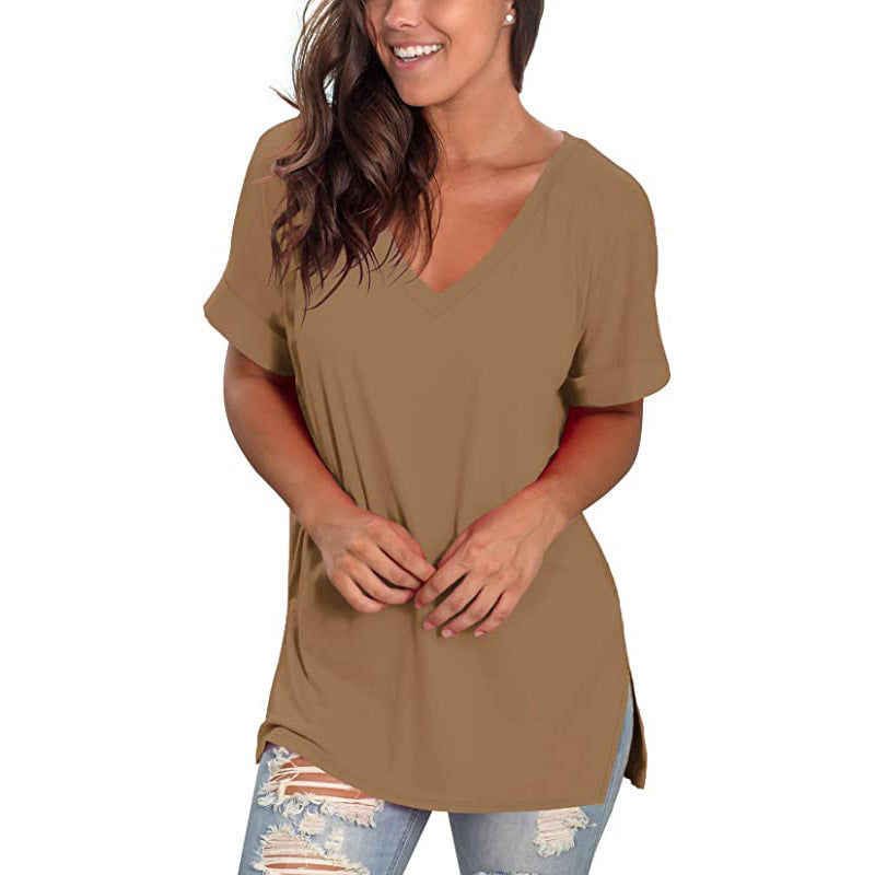 Womens V Neck T Shirt Rolled Sleeve Side Split Tunic Tops Casual Image 7