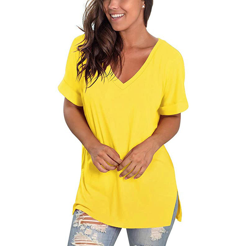 Womens V Neck T Shirt Rolled Sleeve Side Split Tunic Tops Casual Image 9