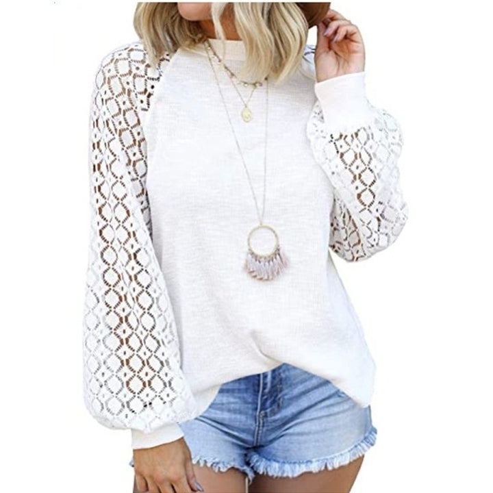 Women Trendy Blouses Casual Loose Knit Tops Pullover Hollow-Out Lace Long Sleeve Shirts Image 2