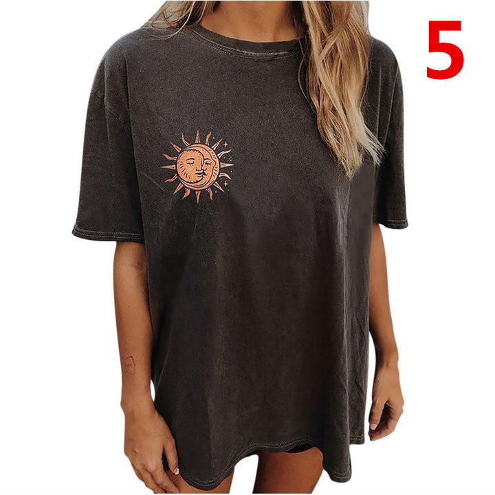 Women Sun and Moon Tie Dye T-Shirt Round Neck Image 4