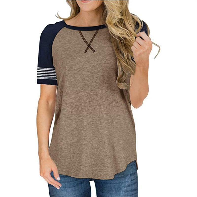 Womens T Shirts Short Sleeve Striped Color Block Leopard Casual Tops Image 7