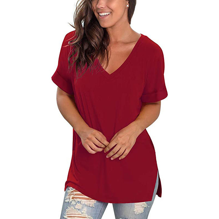 Womens V Neck T Shirt Rolled Sleeve Side Split Tunic Tops Casual Image 10