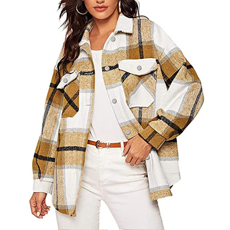 Womens Casual Plaid Wool Blend Button Down Long Sleeve Shirt Jacket Shackets Image 1