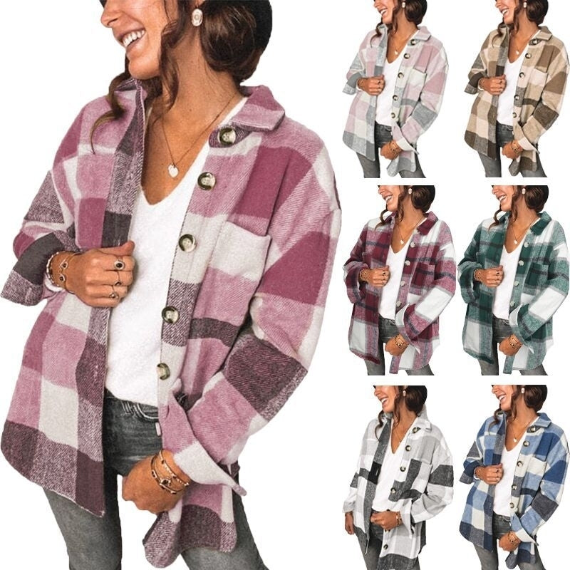 Womens Long Sleeve Plaid Shirts Flannel Lapel Button Down Jacket Image 1