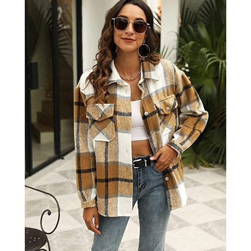 Womens Casual Plaid Wool Blend Button Down Long Sleeve Shirt Jacket Shackets Image 2