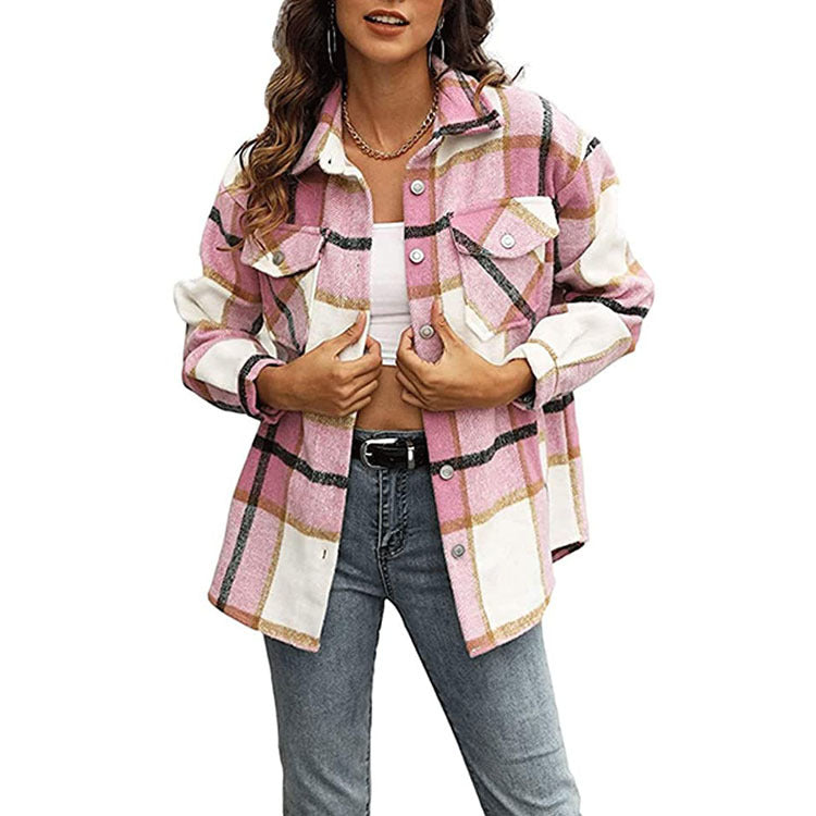 Womens Casual Plaid Wool Blend Button Down Long Sleeve Shirt Jacket Shackets Image 4