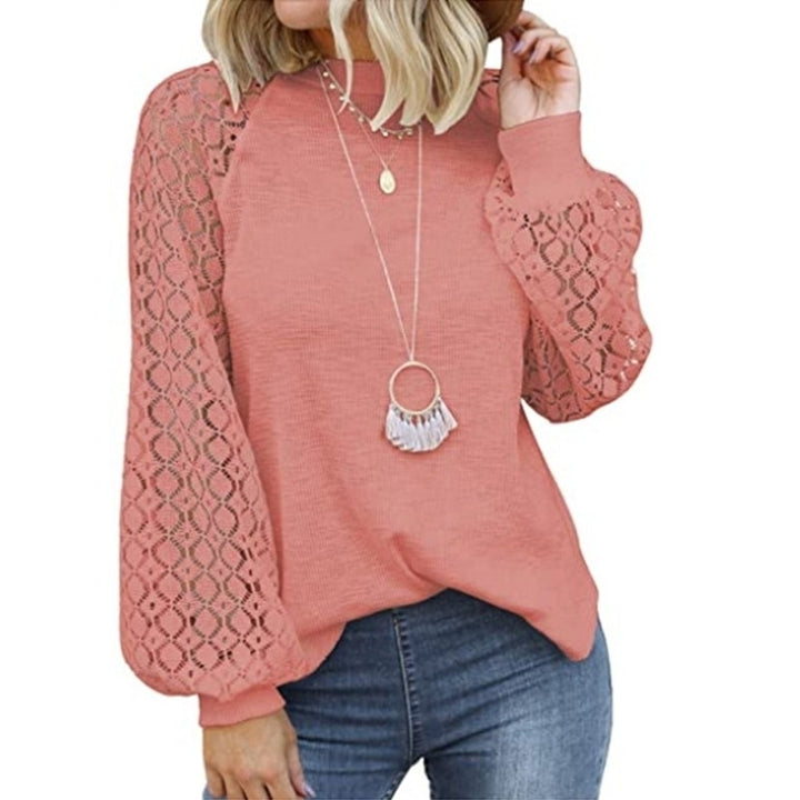 Women Trendy Blouses Casual Loose Knit Tops Pullover Hollow-Out Lace Long Sleeve Shirts Image 4