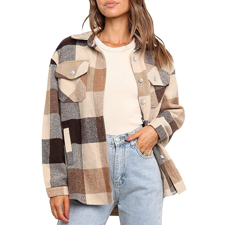 Womens Casual Plaid Wool Blend Button Down Long Sleeve Shirt Jacket Shackets Image 8