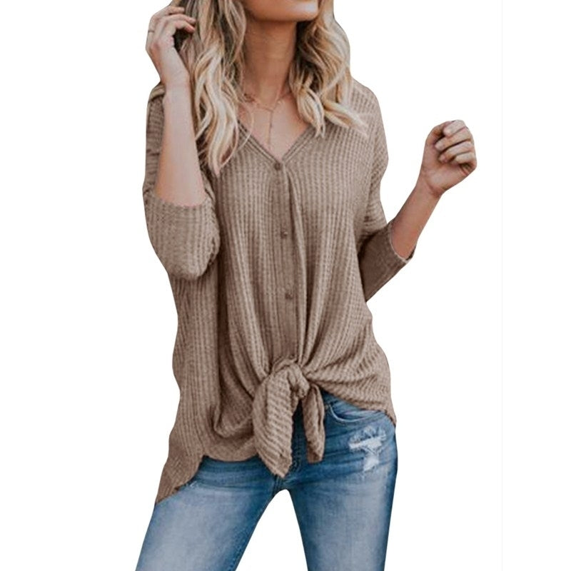 Womens Waffle Knit Tunic Blouse Tie Knot Henley Tops Image 1