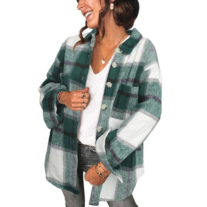 Womens Long Sleeve Plaid Shirts Flannel Lapel Button Down Jacket Image 1