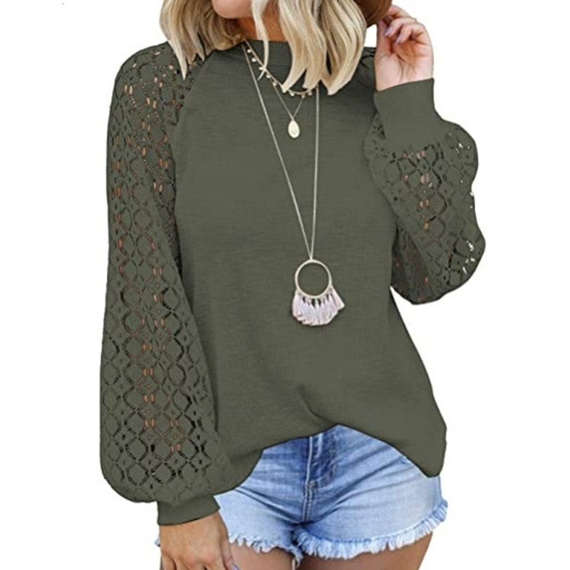 Women Trendy Blouses Casual Loose Knit Tops Pullover Hollow-Out Lace Long Sleeve Shirts Image 6