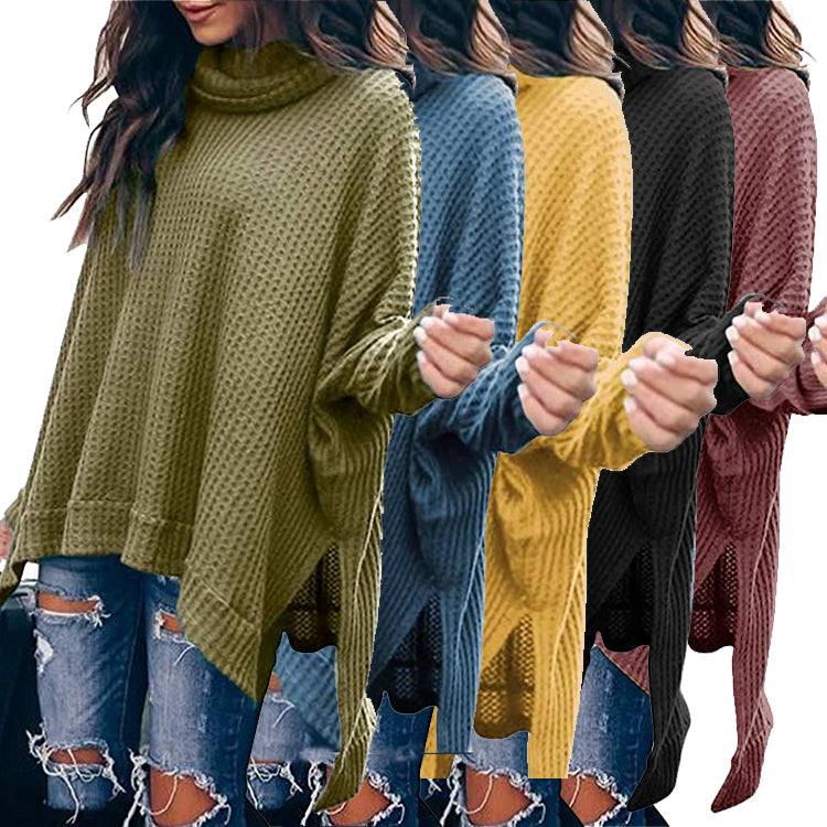 Women Turtleneck Batwing Sleeve High Low Hem Side Slit Waffle Knit Image 1