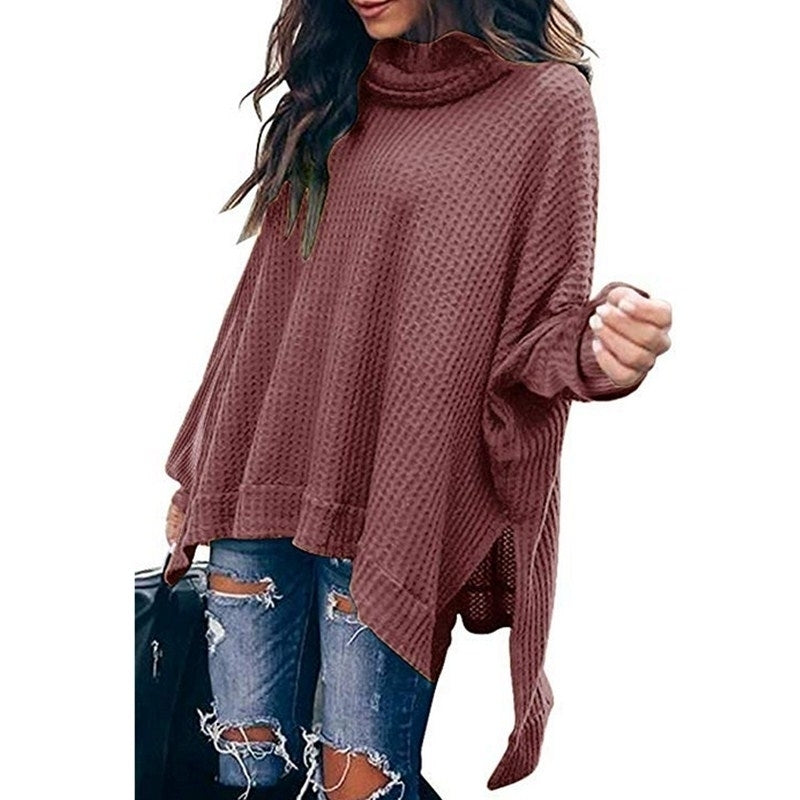 Women Turtleneck Batwing Sleeve High Low Hem Side Slit Waffle Knit Image 2