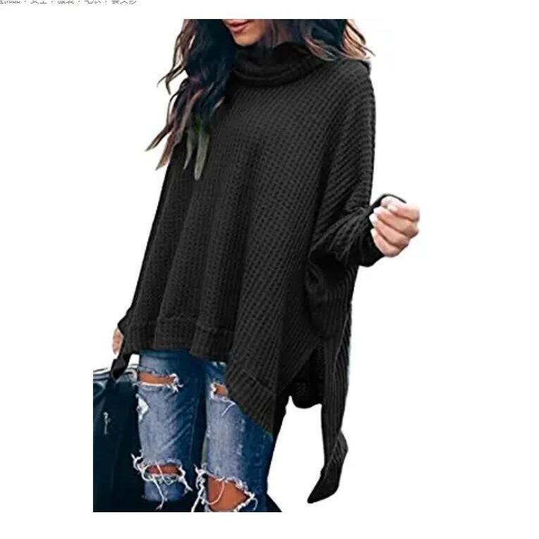 Women Turtleneck Batwing Sleeve High Low Hem Side Slit Waffle Knit Image 4