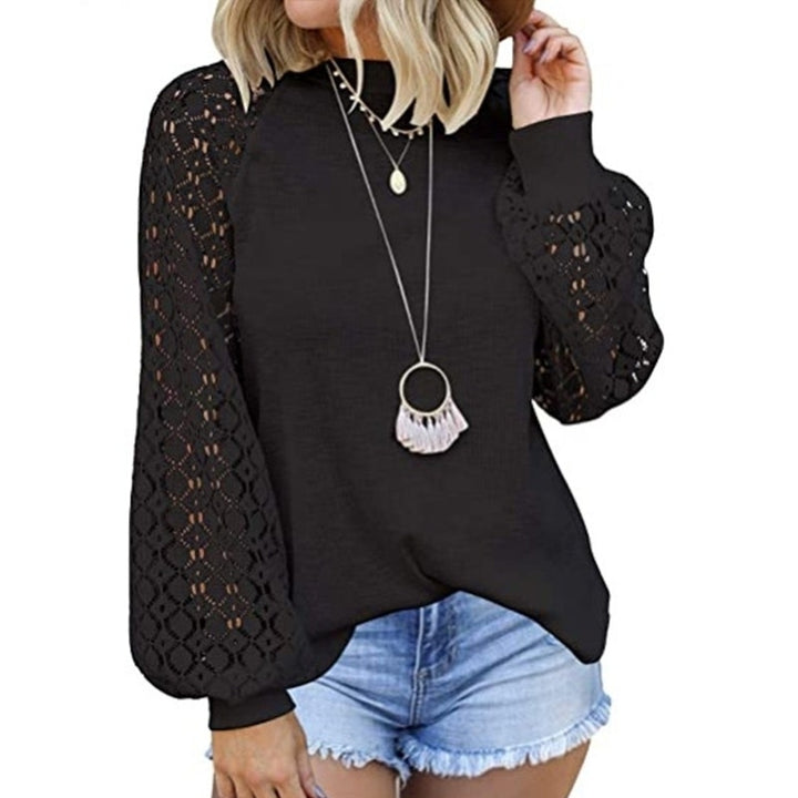 Women Trendy Blouses Casual Loose Knit Tops Pullover Hollow-Out Lace Long Sleeve Shirts Image 7