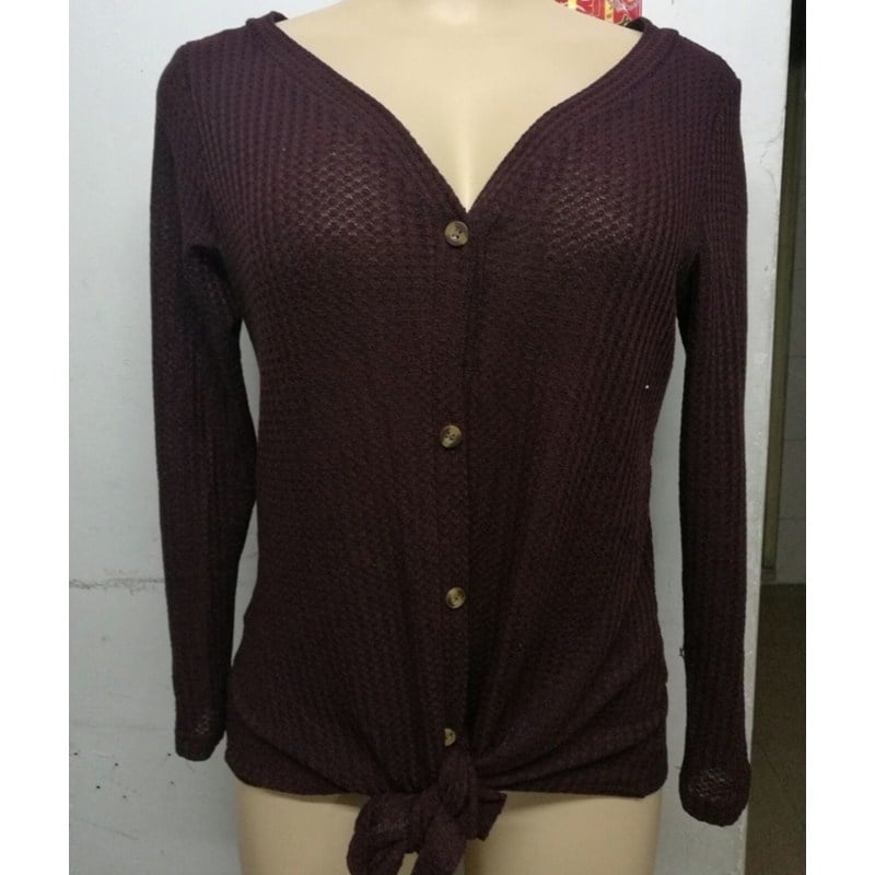 Womens Waffle Knit Tunic Blouse Tie Knot Henley Tops Image 4