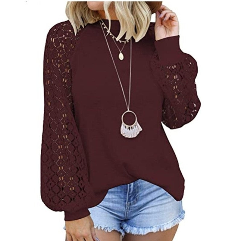 Women Trendy Blouses Casual Loose Knit Tops Pullover Hollow-Out Lace Long Sleeve Shirts Image 8