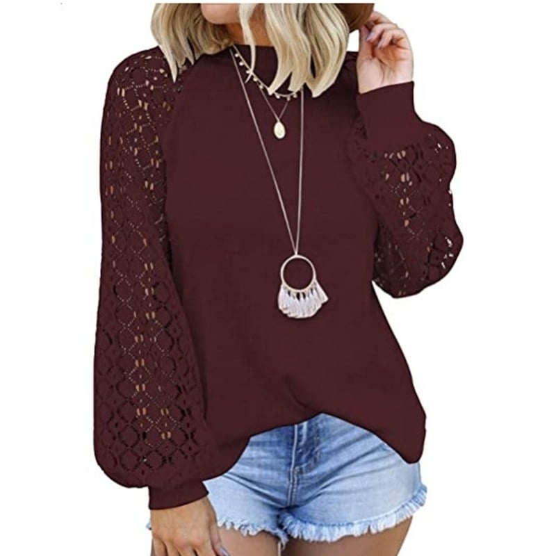 Women Trendy Blouses Casual Loose Knit Tops Pullover Hollow-Out Lace Long Sleeve Shirts Image 1