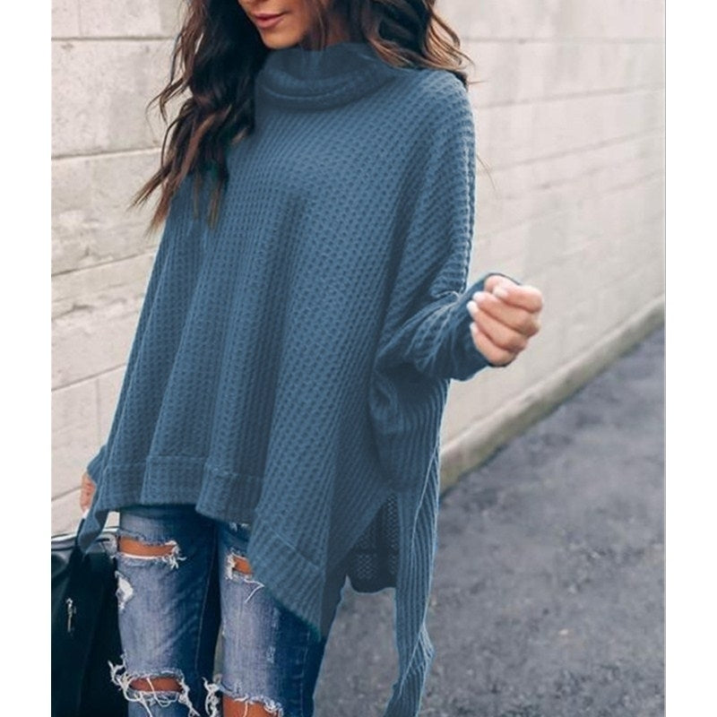 Women Turtleneck Batwing Sleeve High Low Hem Side Slit Waffle Knit Image 6