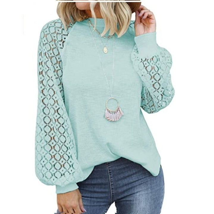 Women Trendy Blouses Casual Loose Knit Tops Pullover Hollow-Out Lace Long Sleeve Shirts Image 9