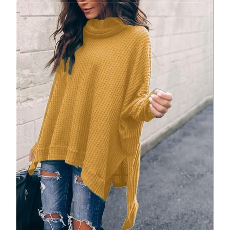 Women Turtleneck Batwing Sleeve High Low Hem Side Slit Waffle Knit Image 7